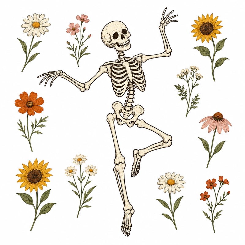Vintage Dancing Skeleton with Wildflowers