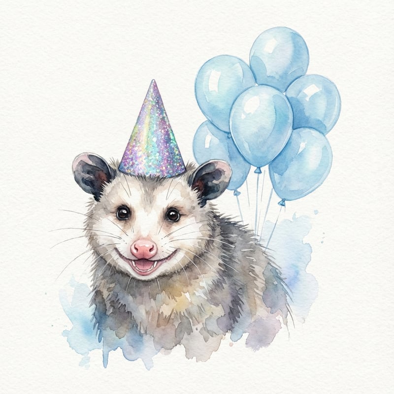 Watercolor Opossum with Party Hat