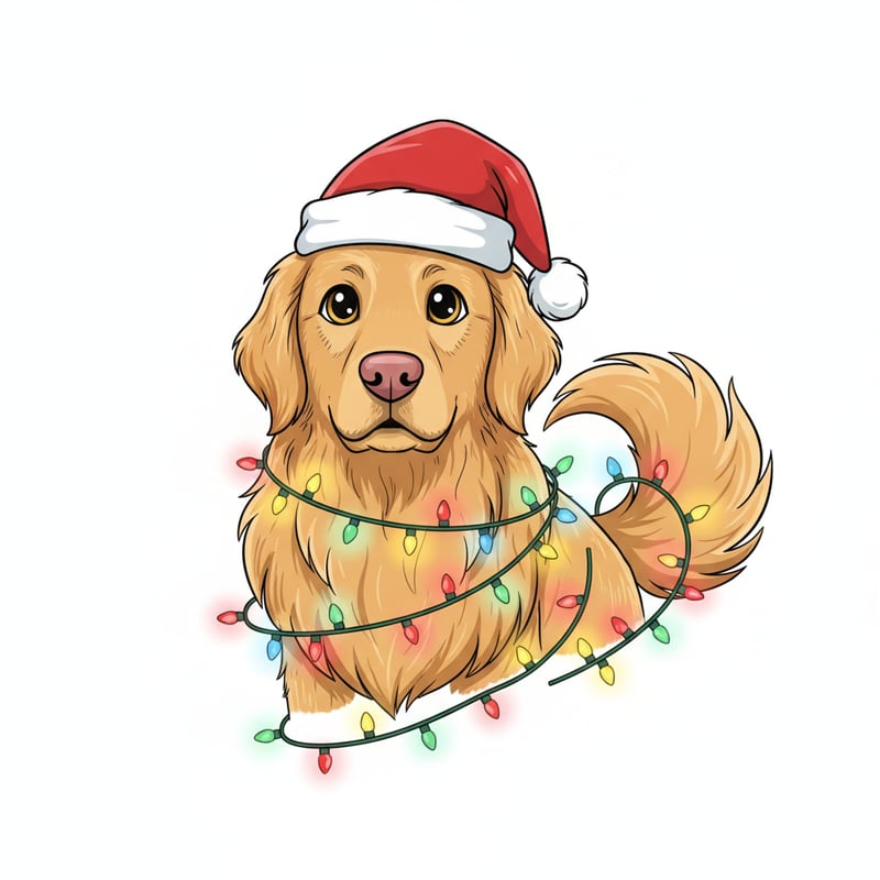 Fluffy Golden Retriever with Christmas Lights