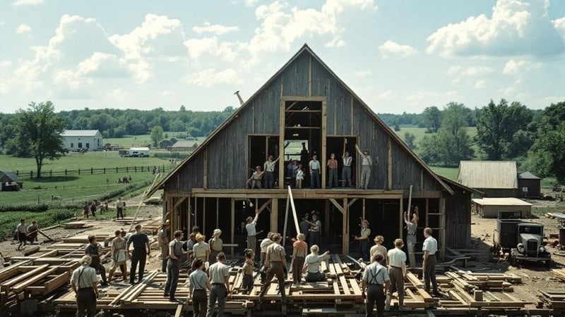 1950s Amish Barn Raising Scene