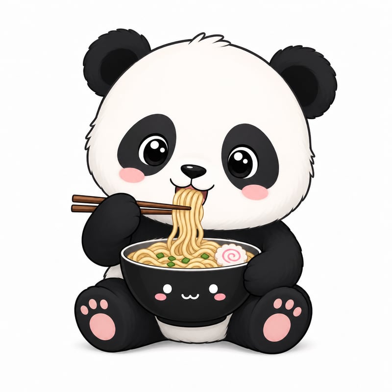Cute Kawaii Panda Eating Noodles