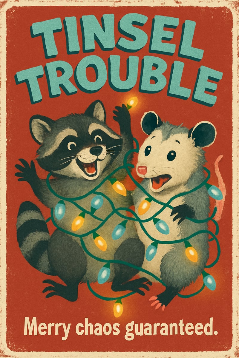 Cartoon Christmas Poster with Raccoon and Possum