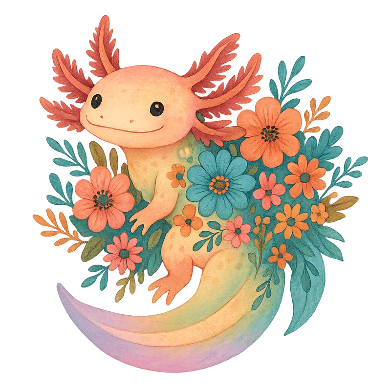 Colorful Boho Floral Axolotl Illustration
