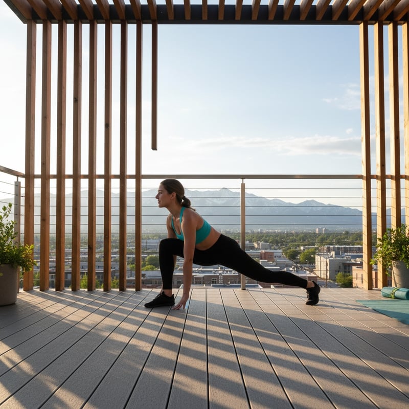 Active Woman Stretching on Modern Deck