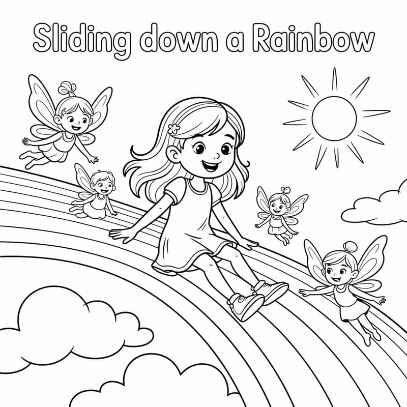 Children's Coloring Page: Sliding Down a Rainbow