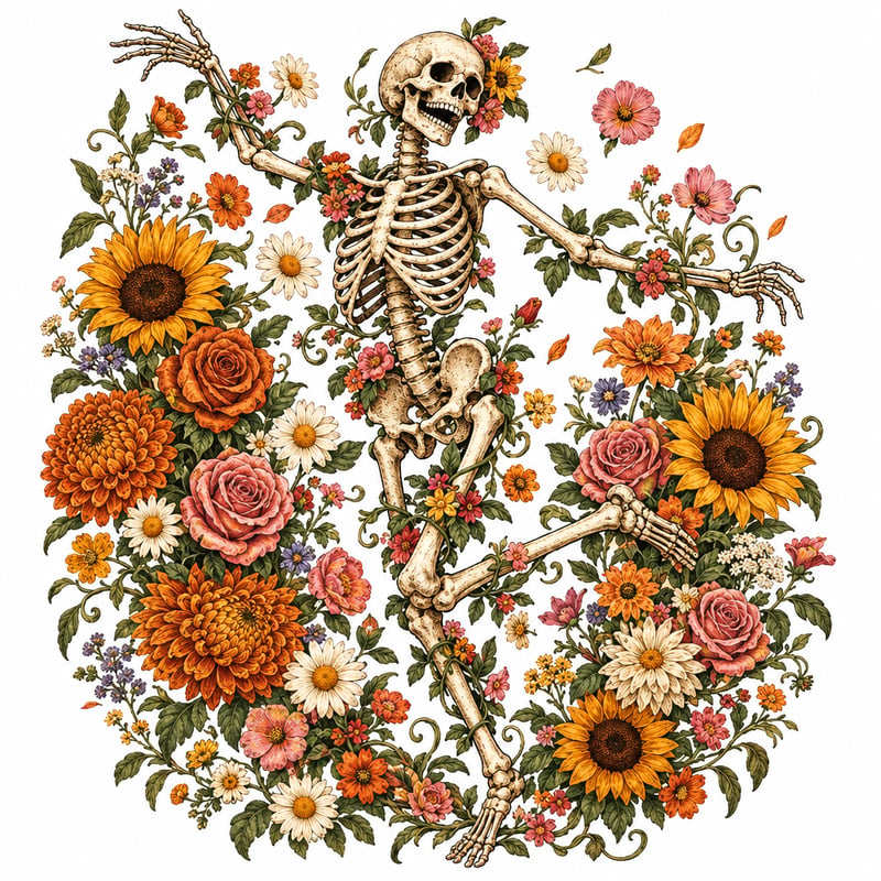 Vintage Floral Dancing Skeleton