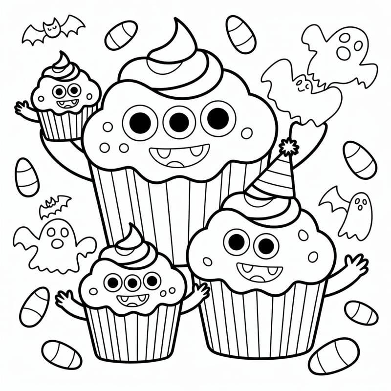 Kawaii Cupcake Monster Halloween Lineart