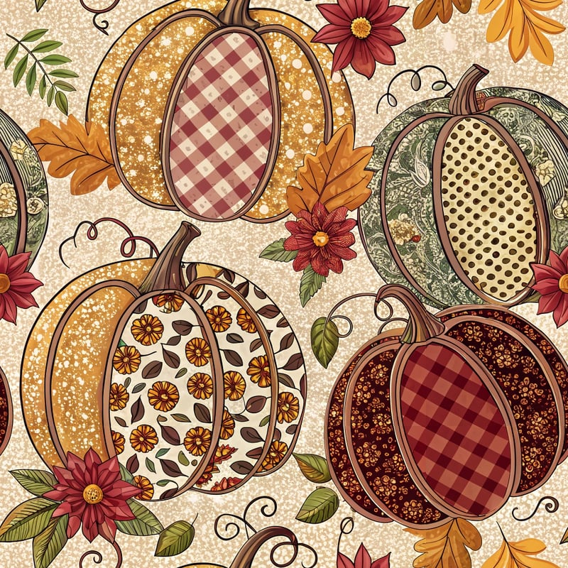 Retro Pumpkin Pattern with Jewel-Tone Florals