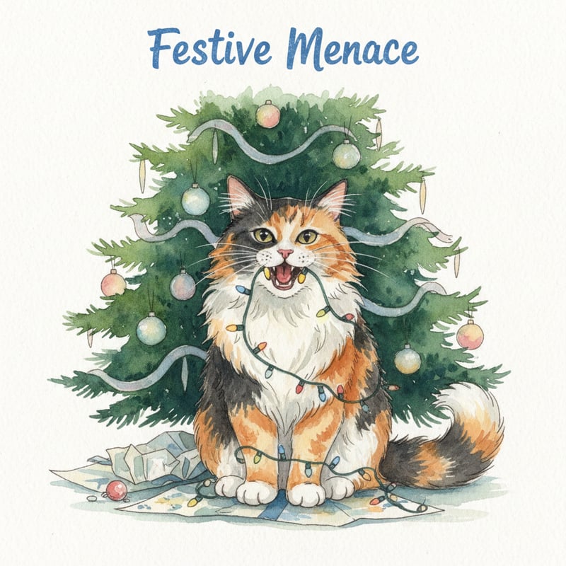 Cat Chewing Christmas Lights Illustration
