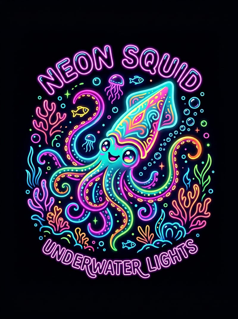 Neon Playful Squid T-Shirt Design