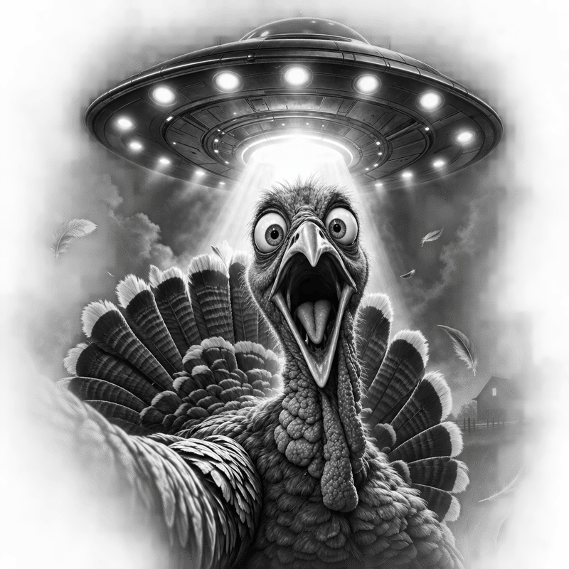 Greyscale Turkey & UFO T-Shirt Design