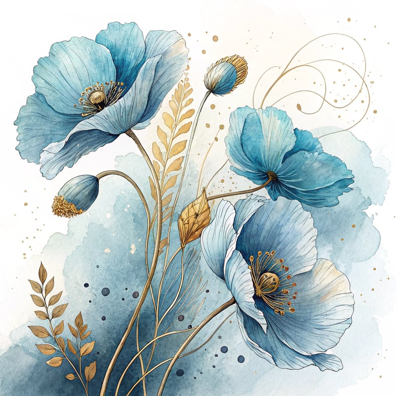 Elegant Blue Watercolor Poppy Flowers