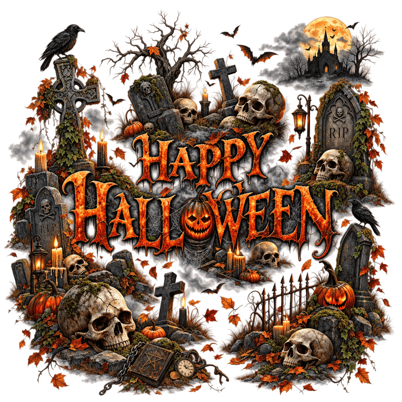 Gothic Halloween Cemetery Illustration
