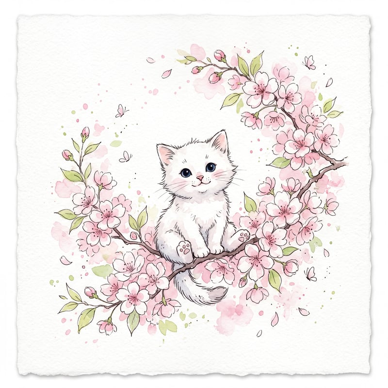 Whimsical White Kitten Watercolor