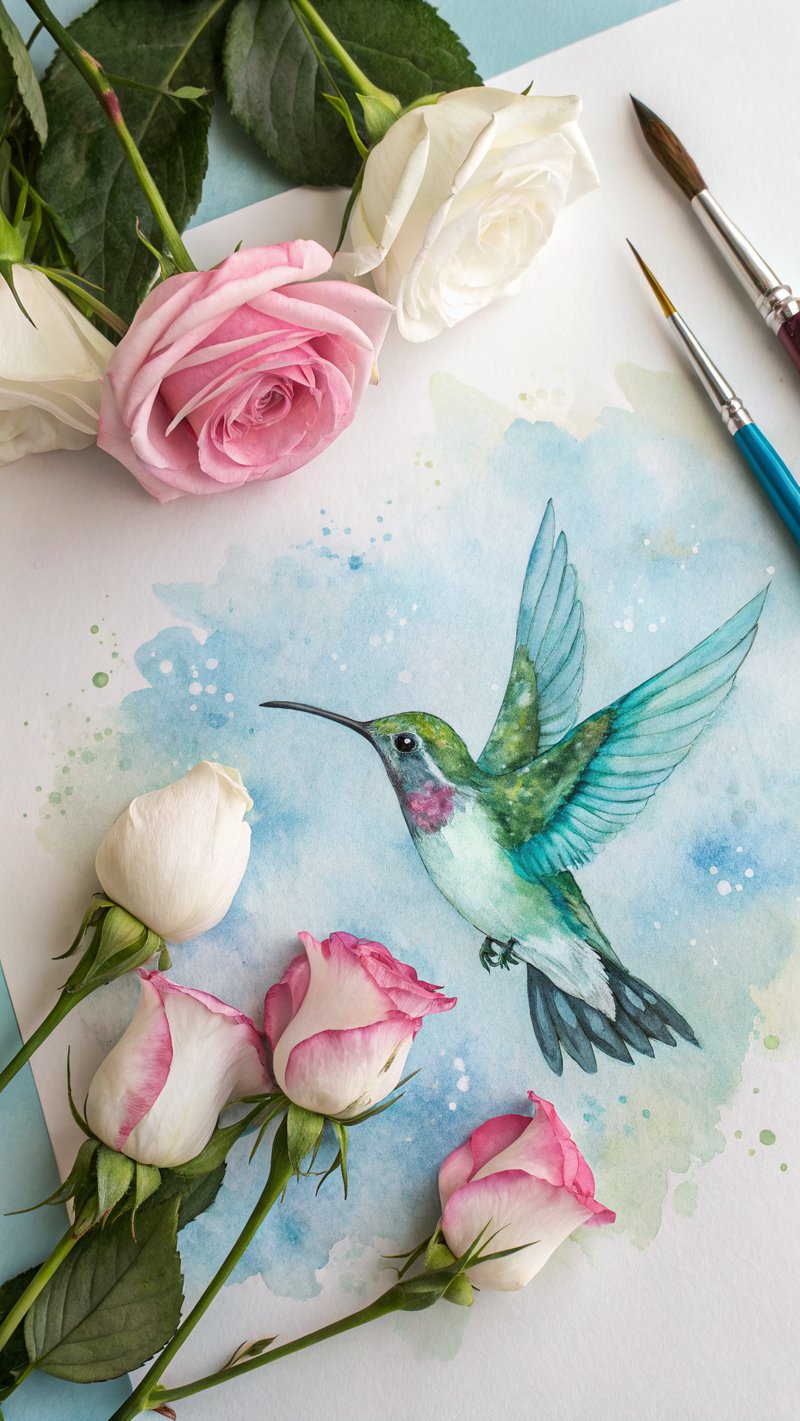 Watercolor Hummingbird with Roses