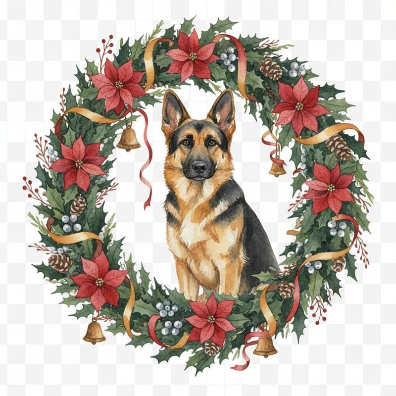 Watercolor German Shepherd in Christmas Wreath