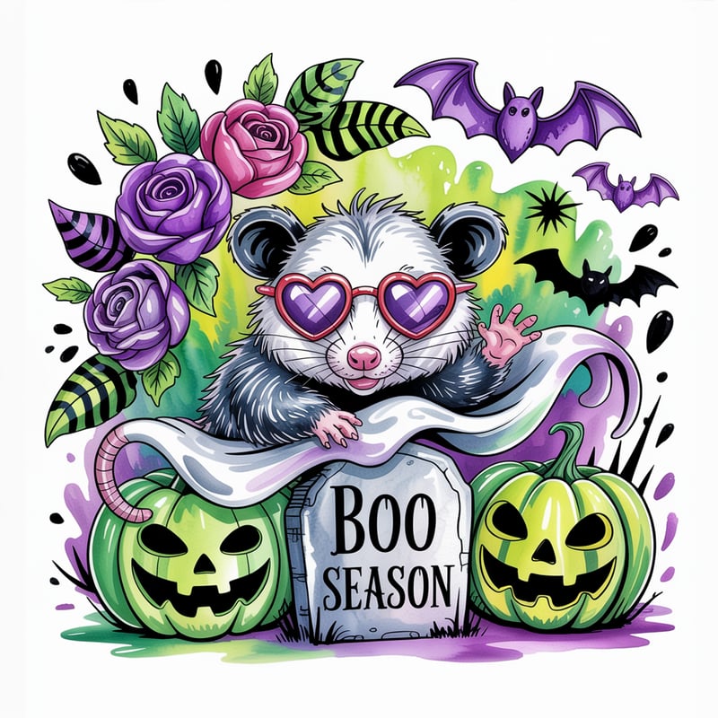 Cute Opossum Watercolor with Halloween Theme