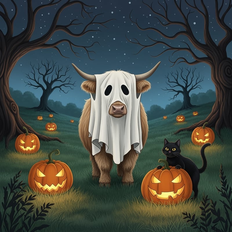 Cute Highland Cow in Ghost Costume