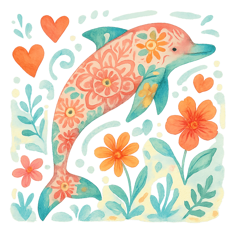 Whimsical Floral Dolphin Watercolor Art