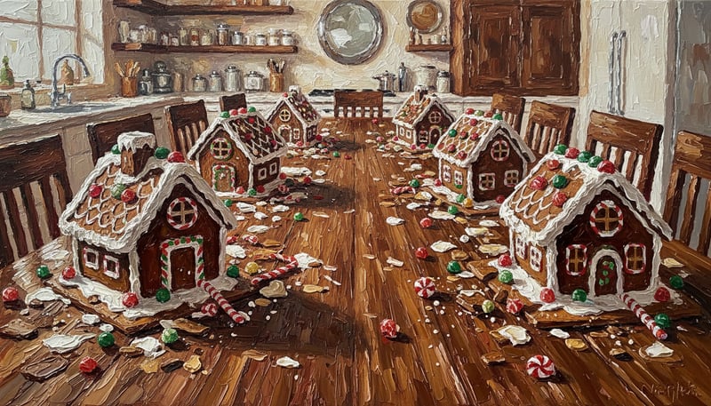 Impasto Oil Painting of Gingerbread Houses