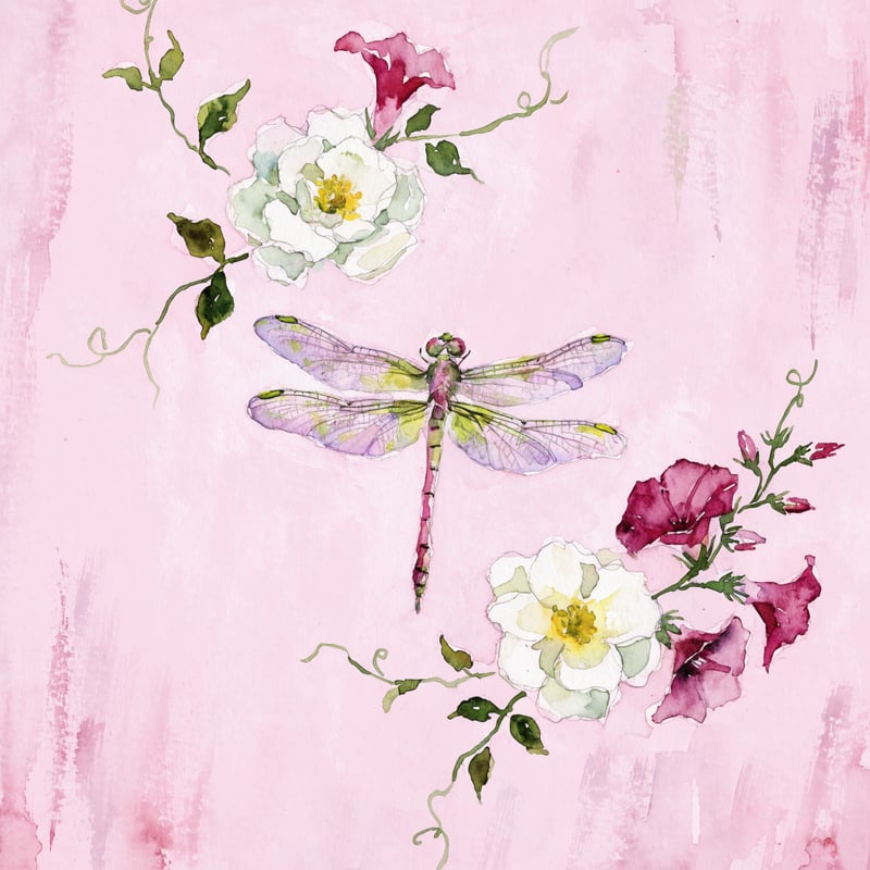 Watercolor Dragonfly with Flowers