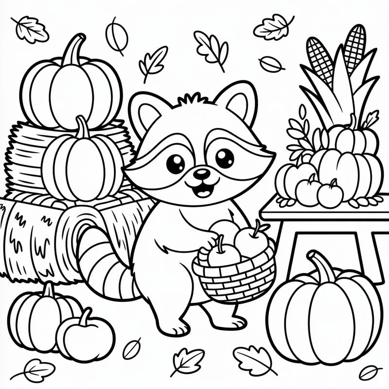 Kawaii Raccoon Autumn Line Art
