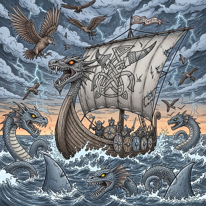 Fantasy Viking Longship in Stormy Sea