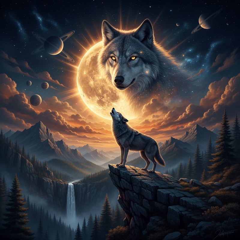Lone Wolf Howling Under Golden Moon