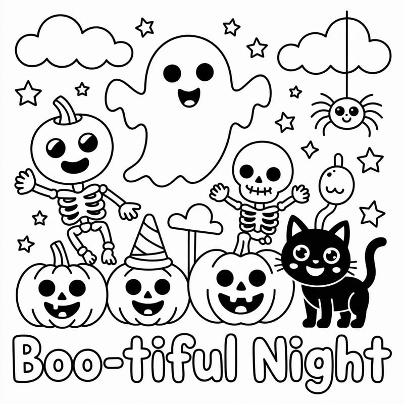 Halloween Coloring Page with Ghost and Pumpkins