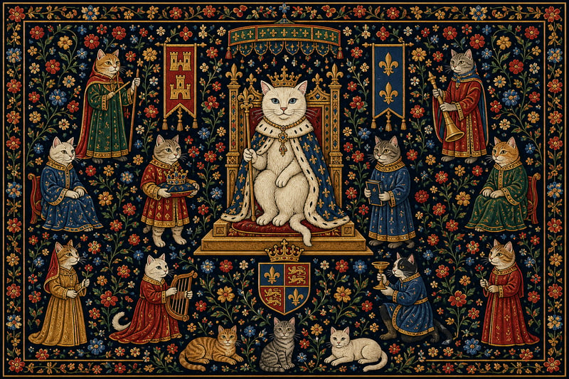 Medieval Millefleur Cat Tapestry Design