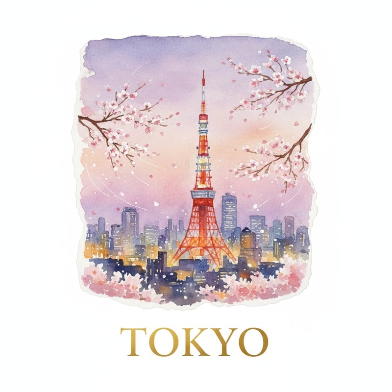 Watercolor Painting of Tokyo Skyline