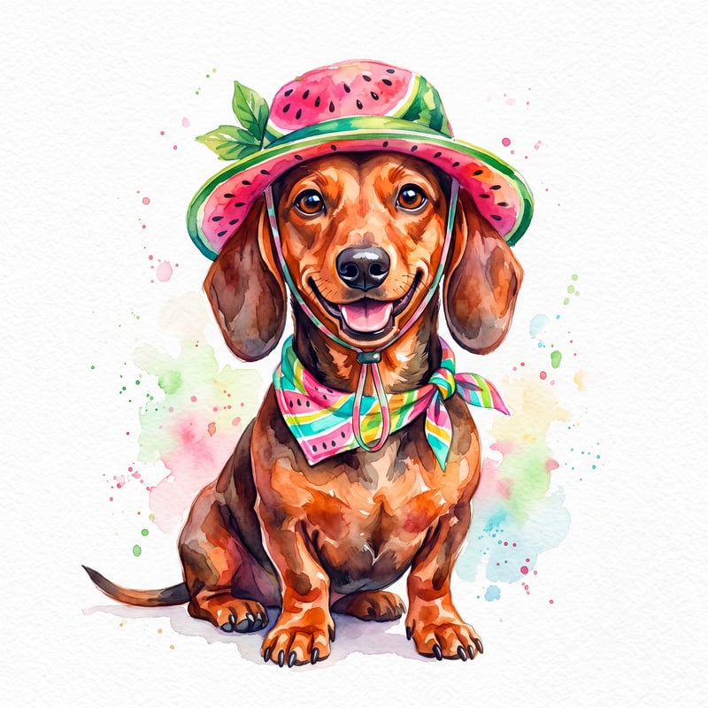 Happy dachshund in watermelon sunhat