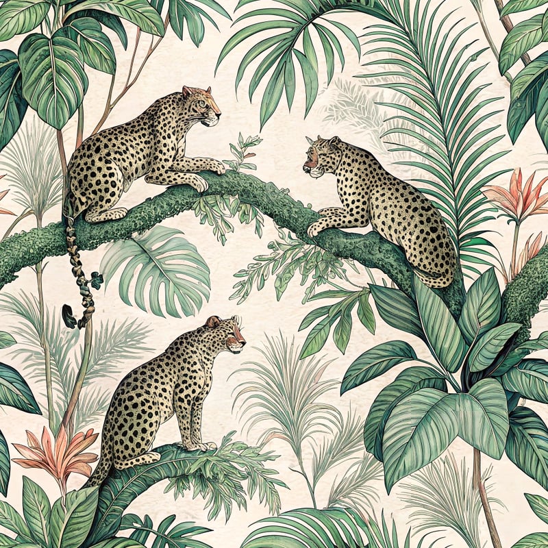 Toile Pattern with Leopards and Foliage