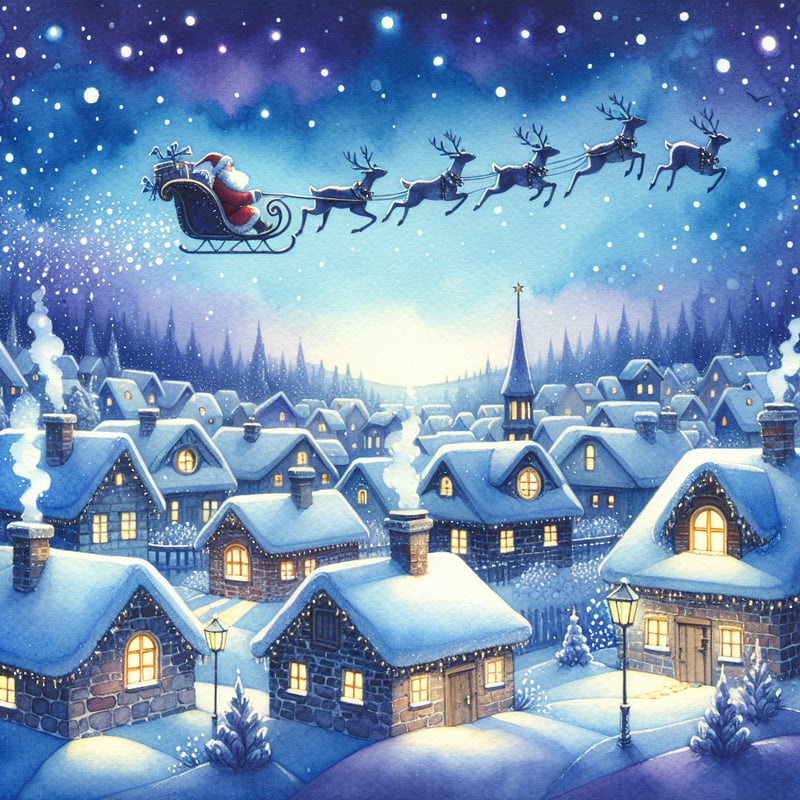 Whimsical Santa's Sleigh Watercolor