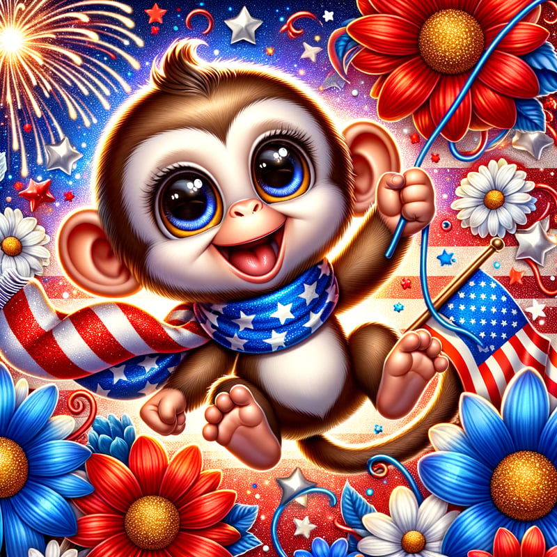 Patriotic Cartoon Monkey with Fireworks