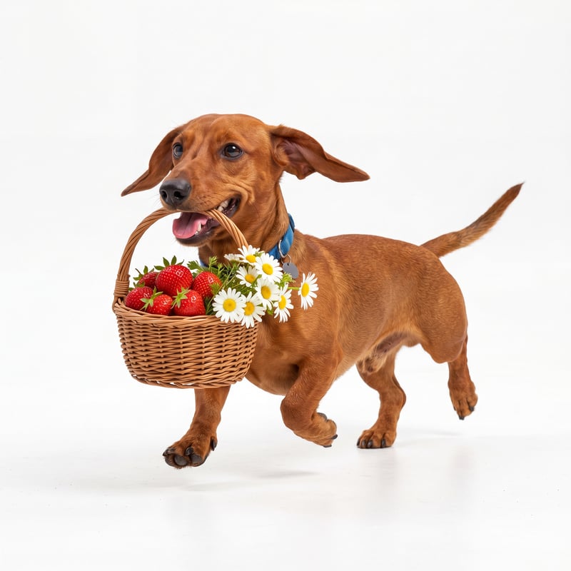 Happy Red Dachshund with Basket