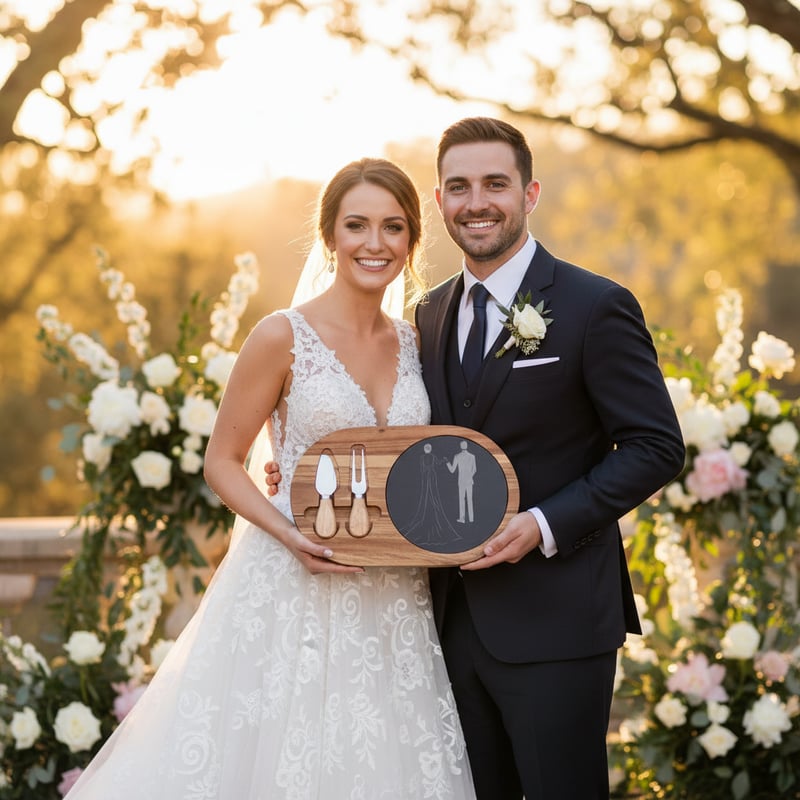 Bride and Groom Holding Engraved Board
