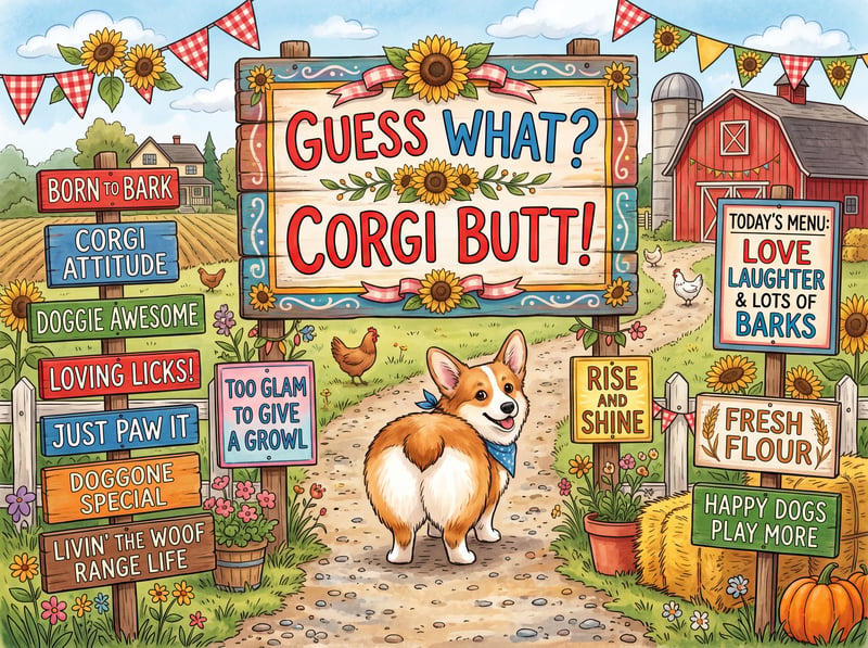 Whimsical Corgi Butt Farm Illustration