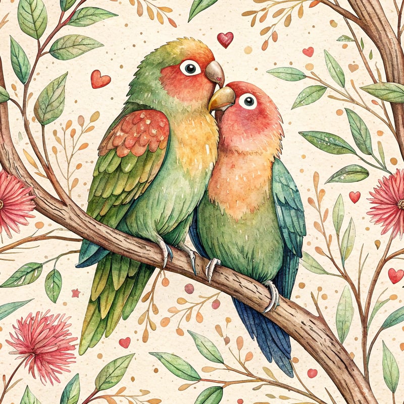 Colorful Lovebirds on Twig