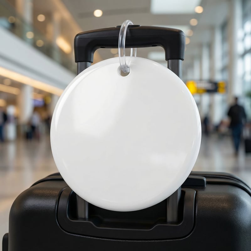 Glossy White Luggage Tag on Suitcase