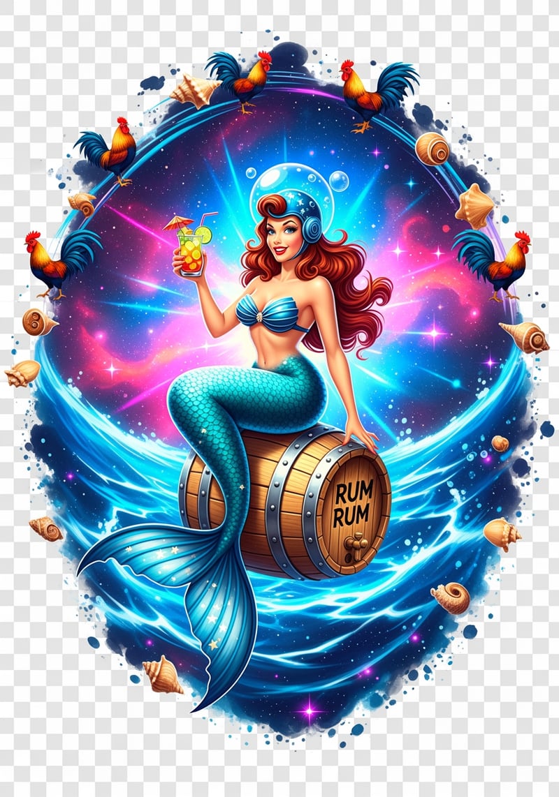 Cosmic Mermaid Pinup on Rum Barrel