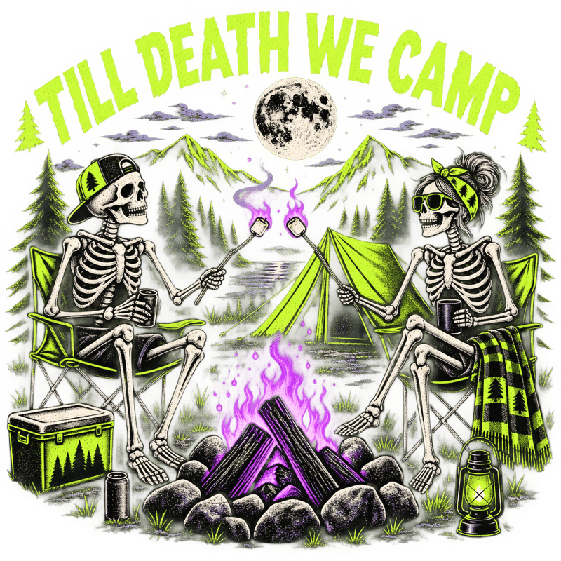Till Death We Camp - Skeleton Camping Tee