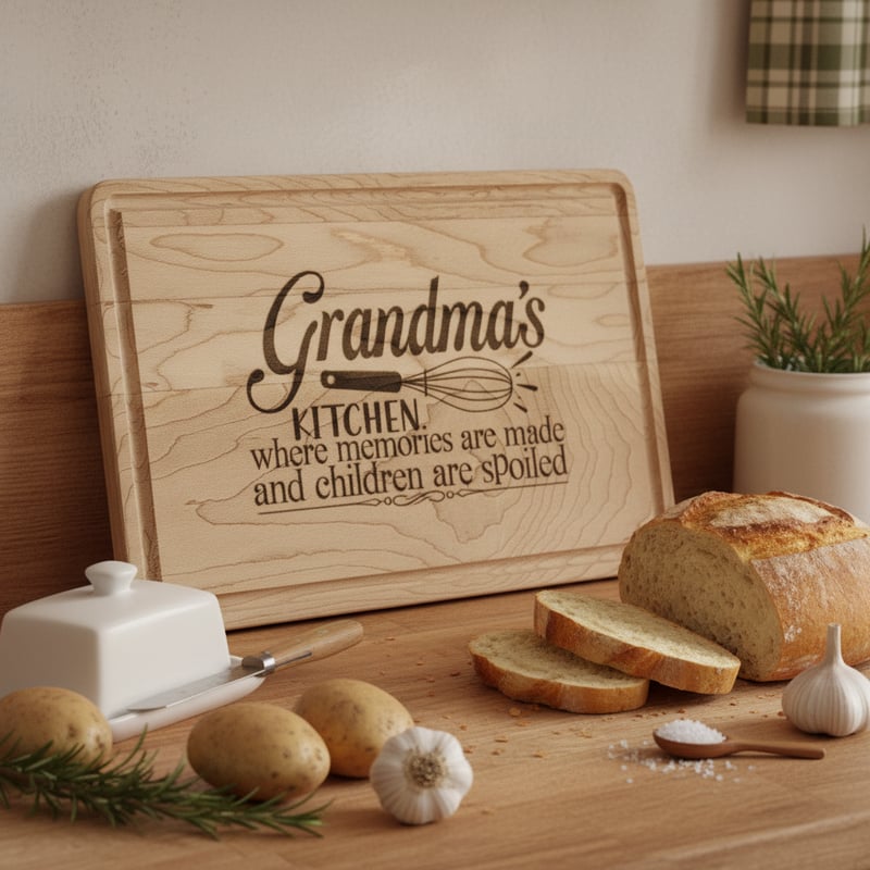 Engraved Wooden Board in Cozy Kitchen