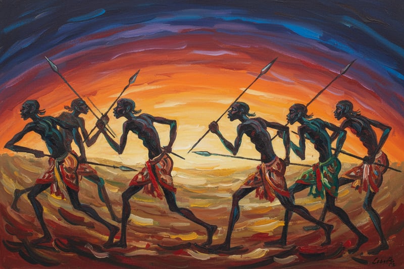 Tribal African Men Hunting at Sunset