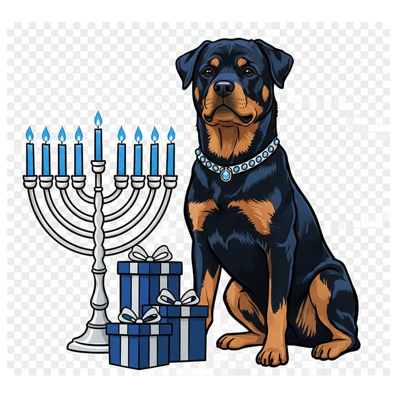 Regal Rottweiler with Menorah and Gifts