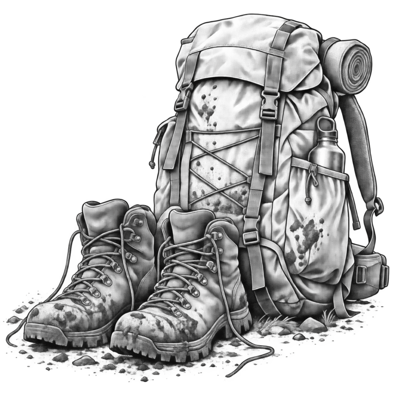 Vintage hiking boots & backpack