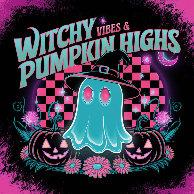 Retro Neon Ghost with Witch Hat