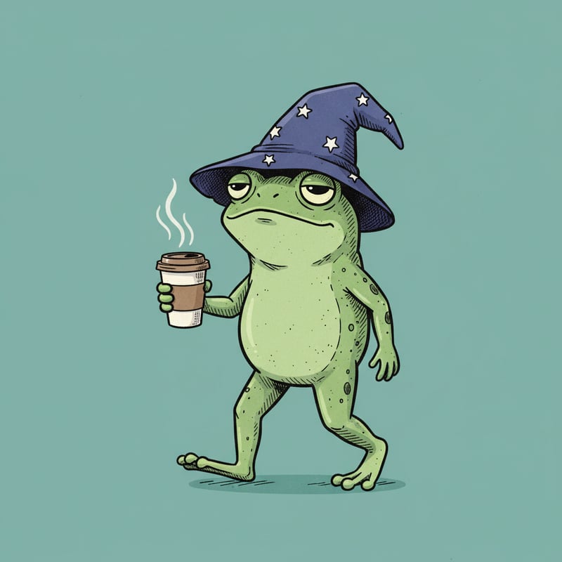 Whimsical Cartoon Frog with Wizard Hat