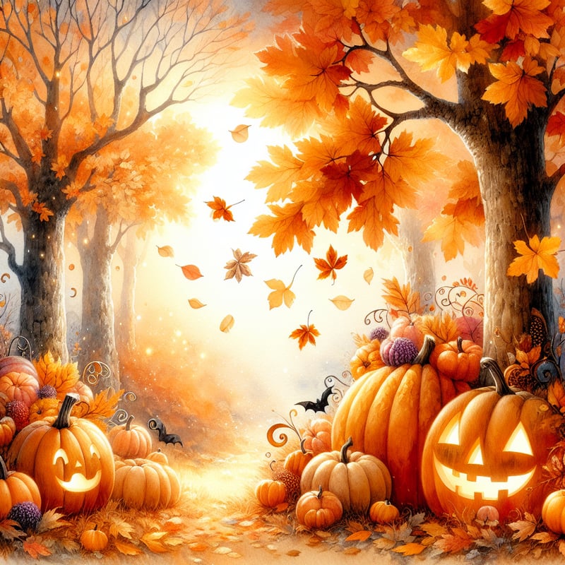 Watercolor Autumn Landscape with Pumpkins