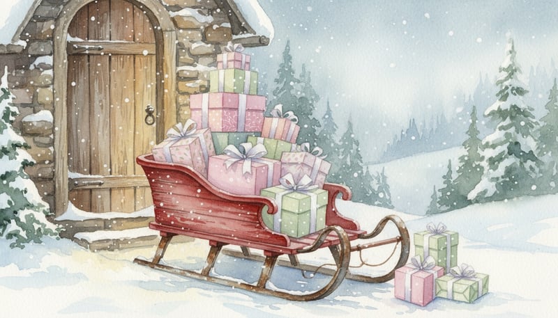 Watercolor Red Sled with Pastel Gifts